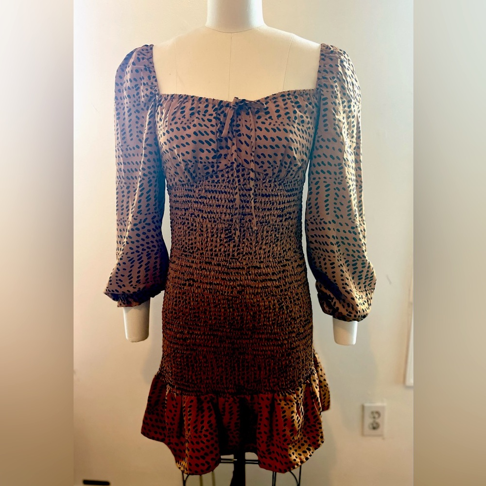 Express- Brown Patterned Smocked Women's Long Sleeve Dress